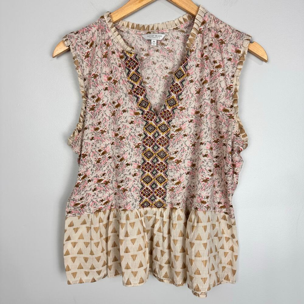 Lucky Brand Sexy Boho Floral Mix Peplum Tank Blouse Sz M - Picture 3 of 10